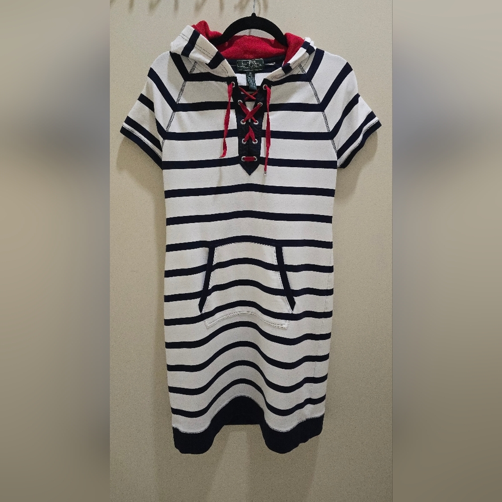 LR LAUREN Active Ralph Lauren stripes Blue & White Dress front pocket
